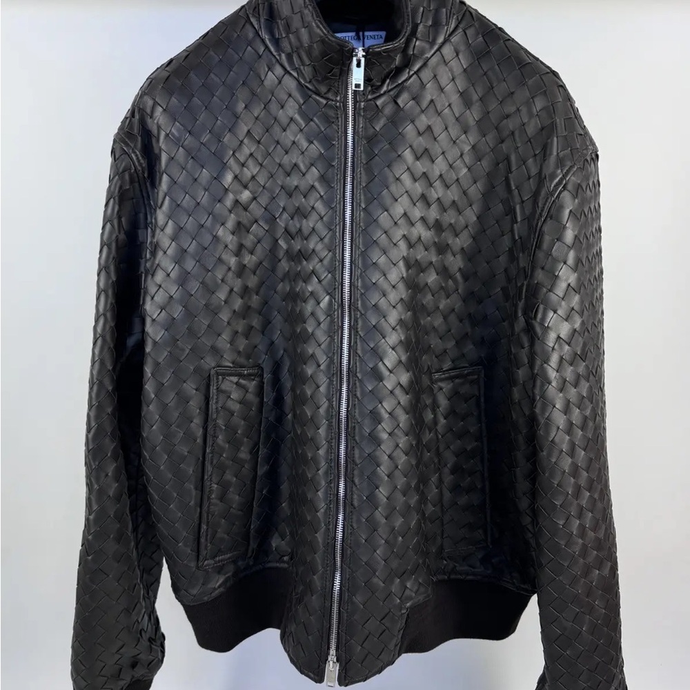 Bottega Veneta Black Intrecciato Leather Blouson Bomber Jacket